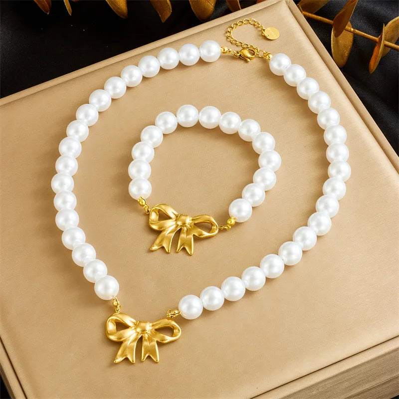 Women's French Vintage Design Pearl Chain Gold-plated OT Clasp Stainless Steel Scallop Starfish Pendant Bracelet Necklace Set