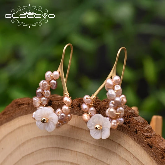 Fashion Natural Purple Pearl Drop Earrings for Women Luxury Jewelry Flower Shape Handmade Korean Earrings