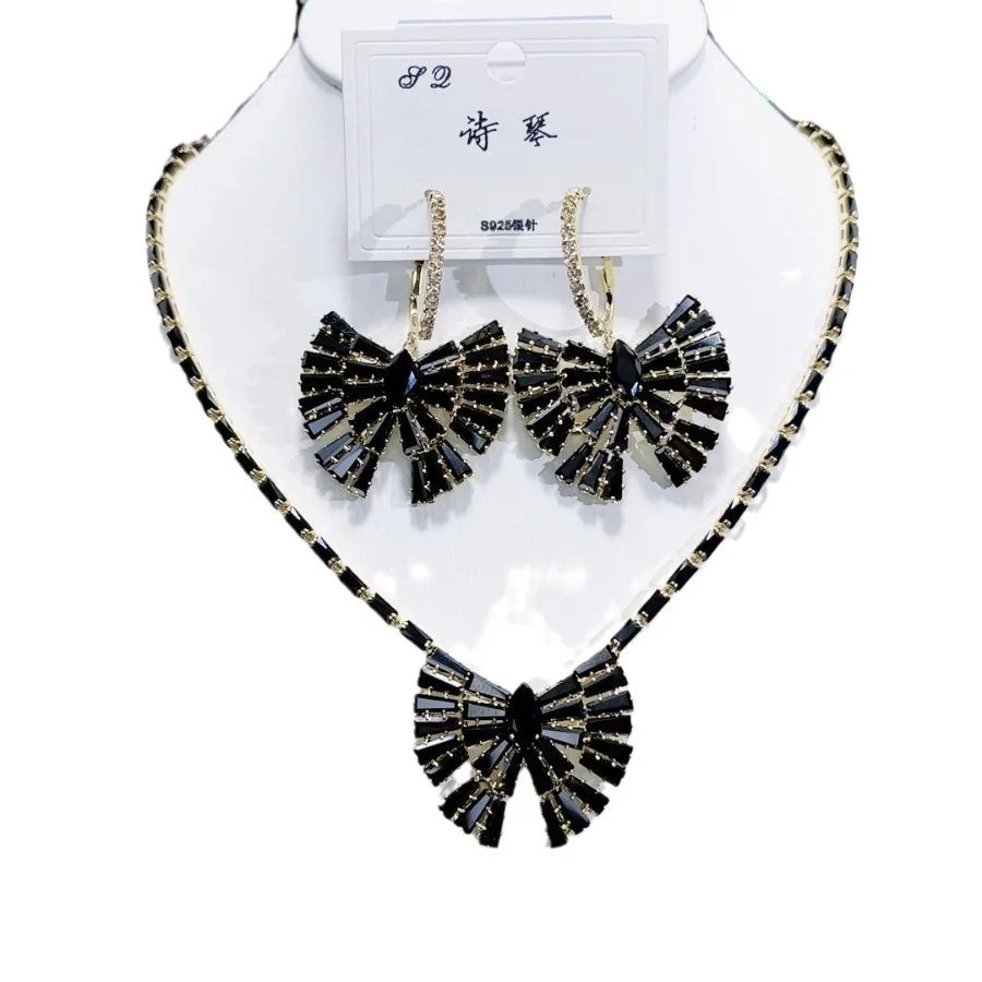 K091 Hot Selling Women Trendy Luxurious Geometric Black Zircon Bridal Necklace Earrings Set Wedding Elegant Jewelry Set