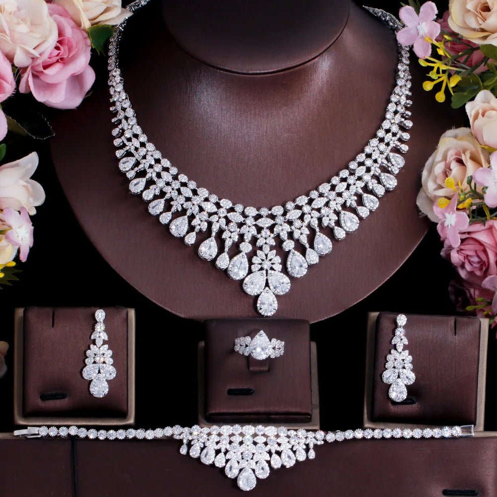 4 Piece Saudi Arabia Necklace Cubic Zirconia Super Big Luxury Jewelry Set for Women's Wedding Dubai Bridal Jewellery Set