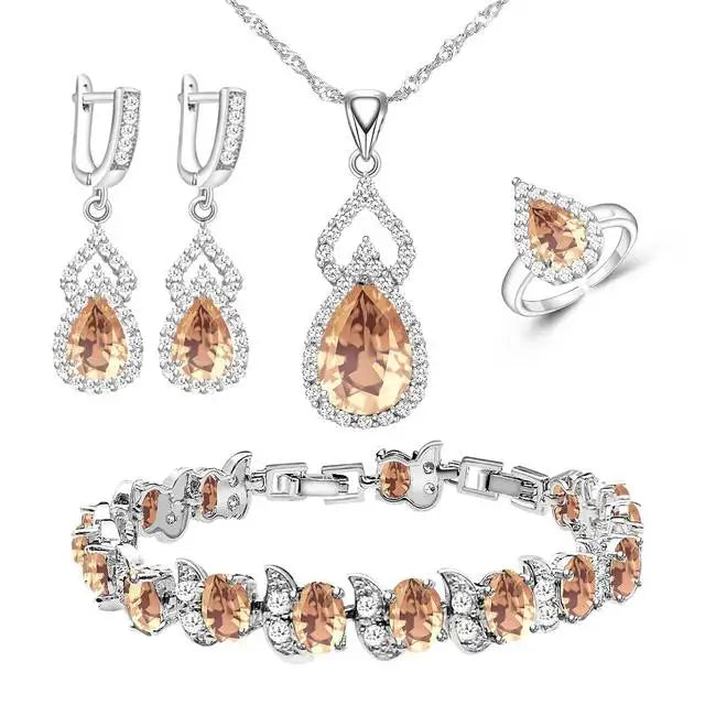 XOTICA Women's Classic Platinum Plated Silver 925 Custom Jewelry Sets Red Zircon Earrings Necklace Ring Bracelets for Engagement