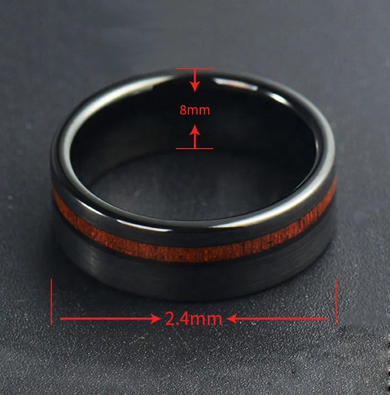 Non Tarnish Comfort Fit Hawaiian Koa Wood Inlay Brushed 8mm Black Tungsten Carbide Rings for Men Women