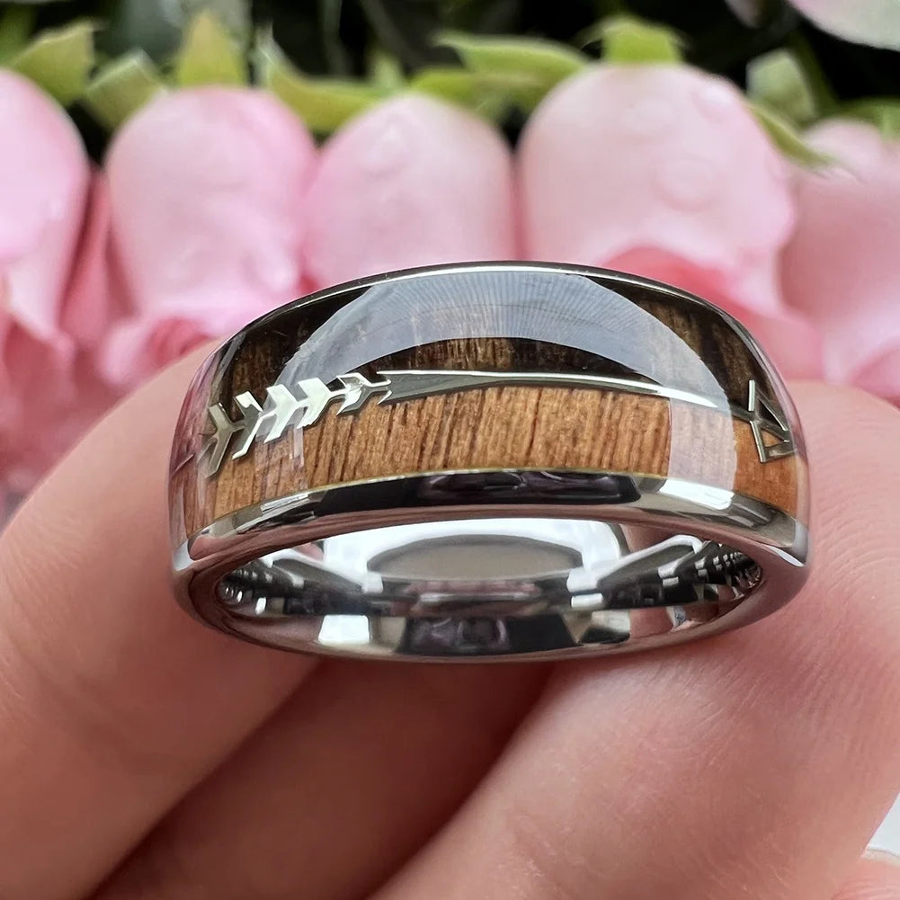 Coolstyle Jewelry 8mm Wholesale Dropshipping Koa Wood Arrow Inlay Tungsten Ring for Men Women Fashion Engagement Wedding Band