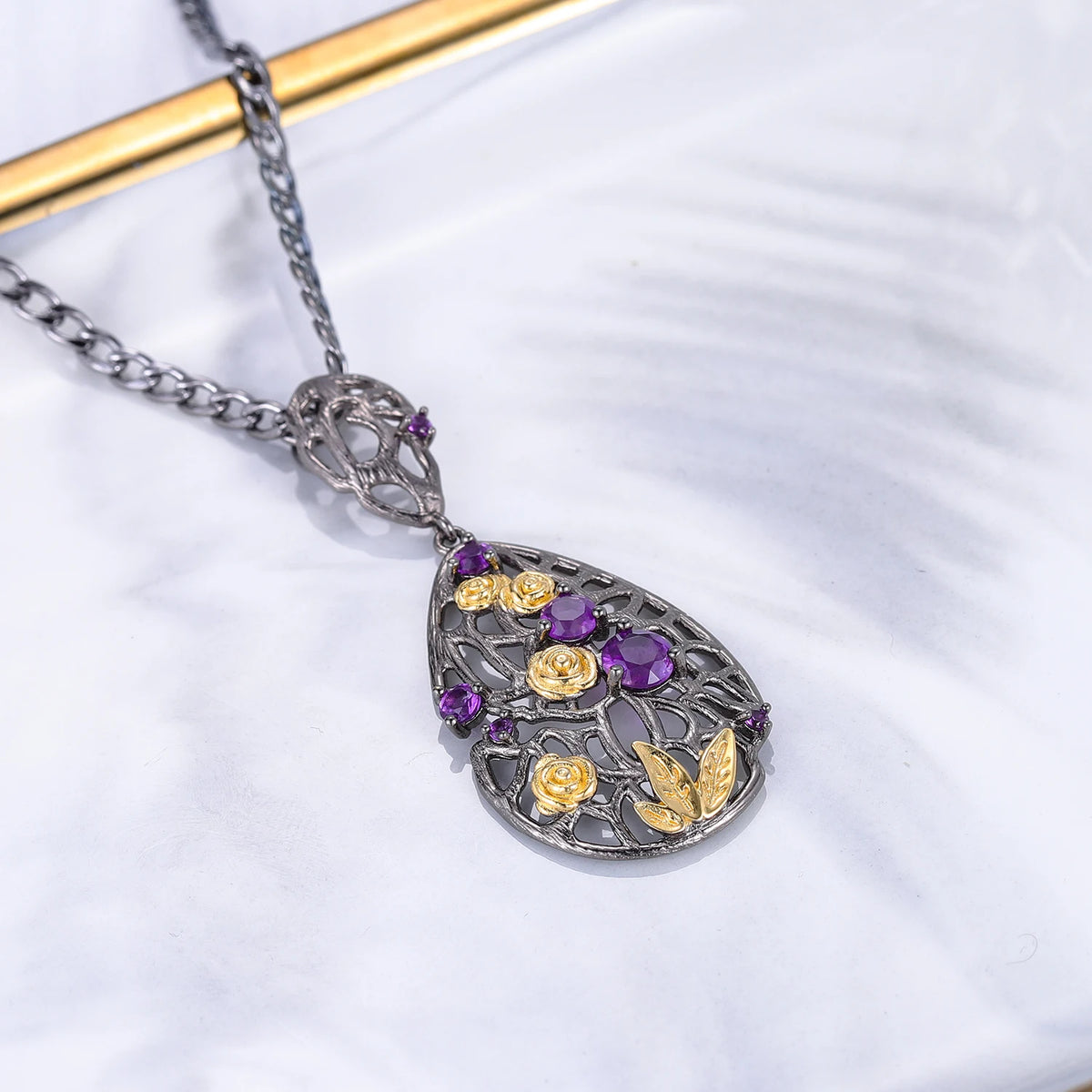ArtistA C7937 Abiding French Vintage Amethyst Jewelry Set 925 Sterling Silver Gold Plated Midnight Rose Natural Amethyst Niche Jewelry