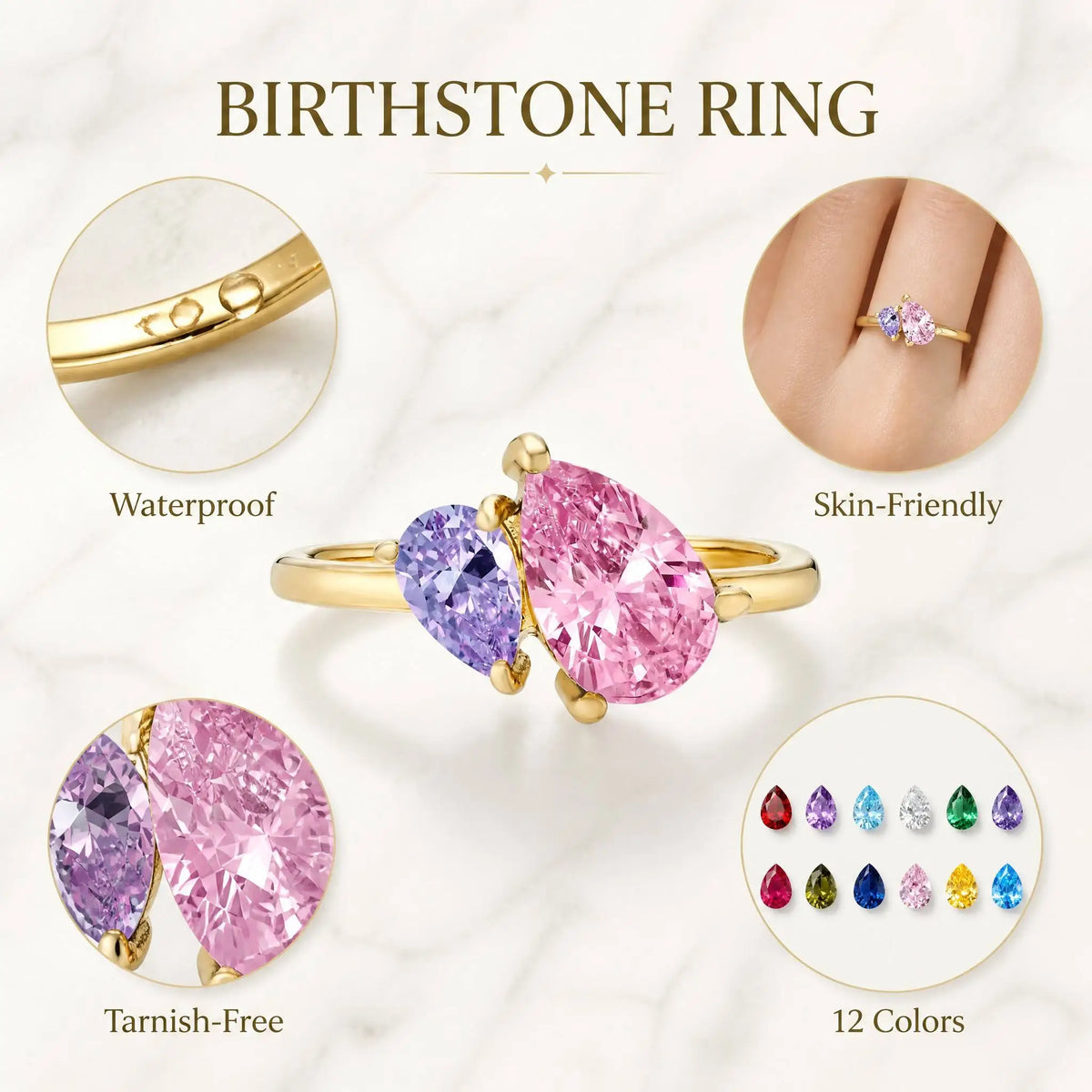 Birthstone Ring for Women Zirconia Toi Et Moi Ring 12 Colors Waterproof Skin-Friendly Gold Plated Steel Custom Anniversary Gift