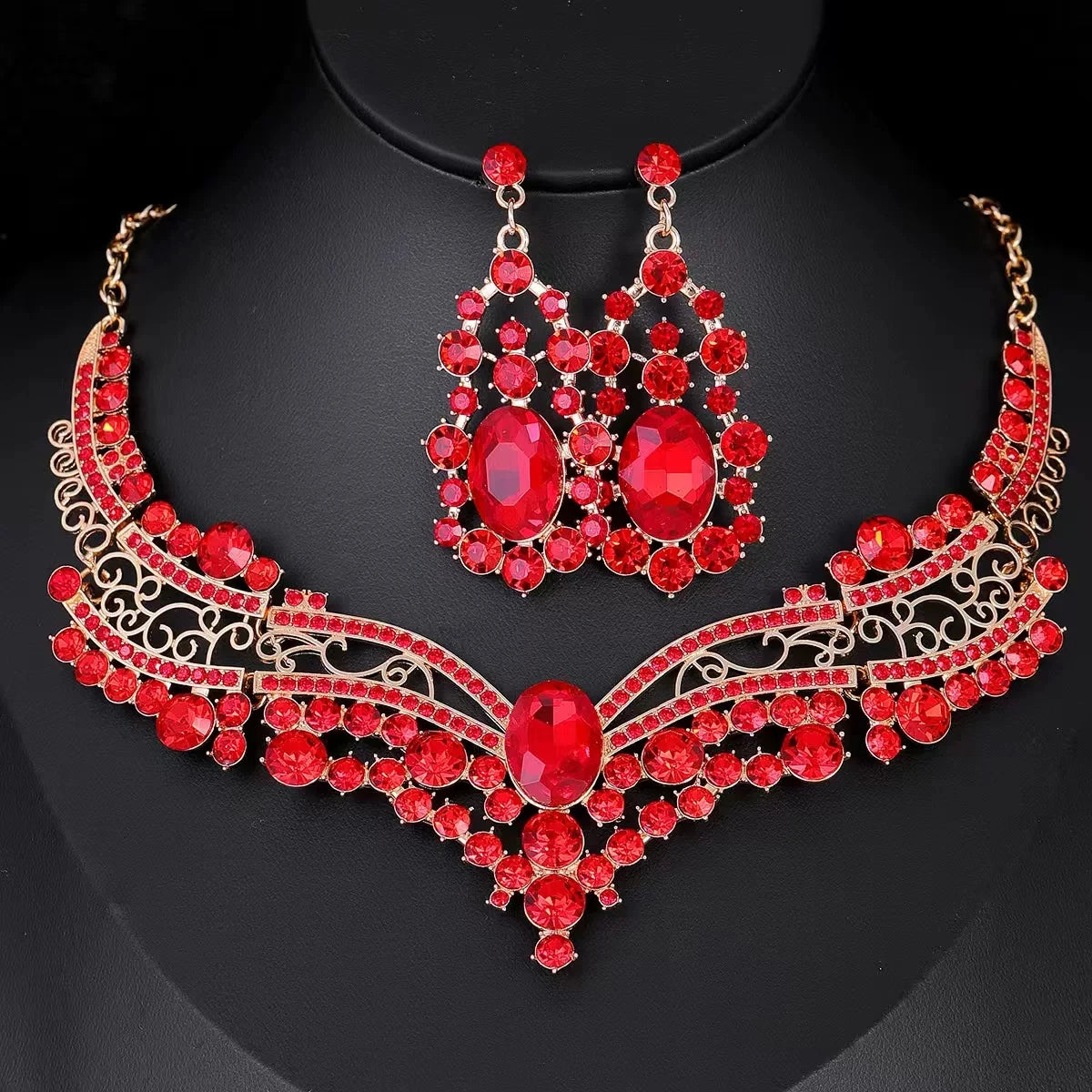 XM S370 Rose Gold Plated Princess Cut Zircon Floral Statement Necklace & Earrings Bridal Set