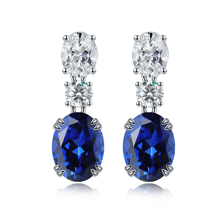 Gemfiori S925 Silver Oval Cut Lab Grown Sapphire Blue Color Gemstone Drop Earrings for Women