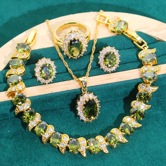 Classical Gold Olive Green Jewelry Set Zircon for Wedding Date Includes Earrings Necklace Bracelet Birthday Gifts for Women