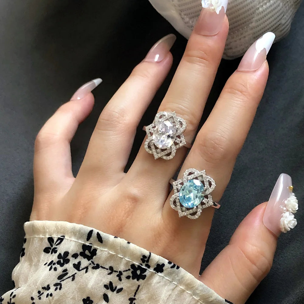 MuShan Jewelry Factory 4 Carat Santa Maria Shallow Sea Blue Gemstone Ring 925 Sterling Silver 8 * 10 Oval High Carbon Diamond