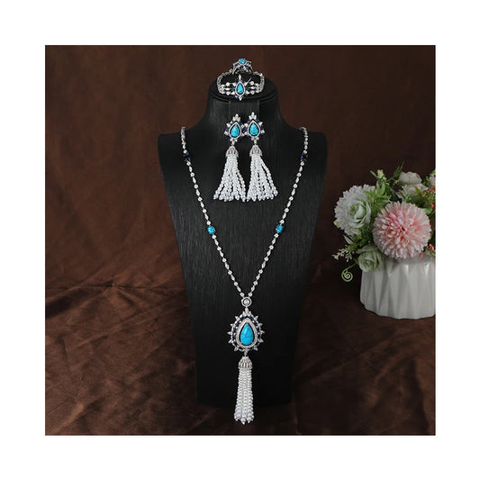 2024 Latest Fashion Long Necklace Design Dubai Saudi Arabia Jewelry Set Bridal Women Blue Turquoise Pearl Jewelry Sets