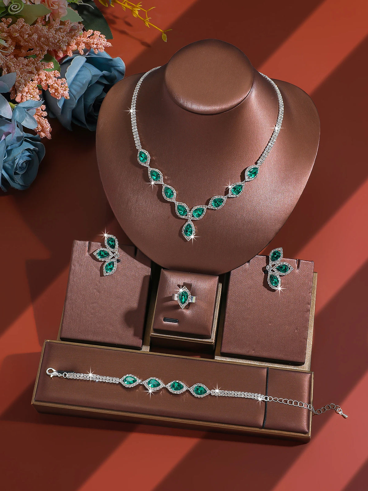 S&S Fashionable Wedding Jewelry Set: Teardrop Rhinestone Earrings, Necklace, Bracelet
