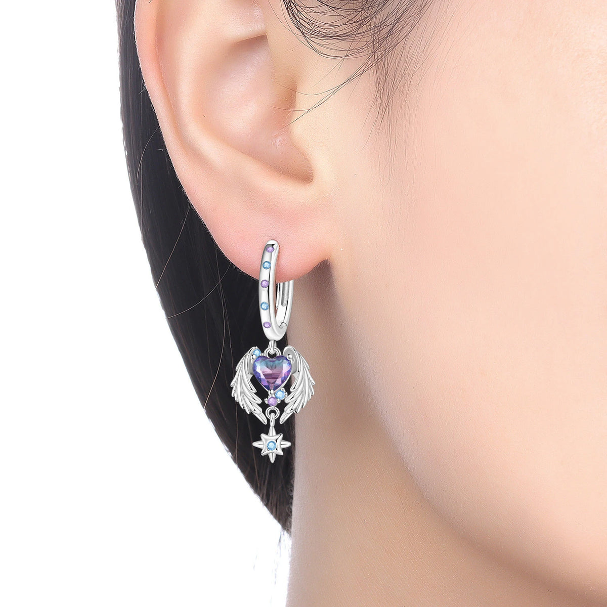 S&S Purple Ombré CZ Angel Wing & Star Drop Earrings – Silver Plated – Collection