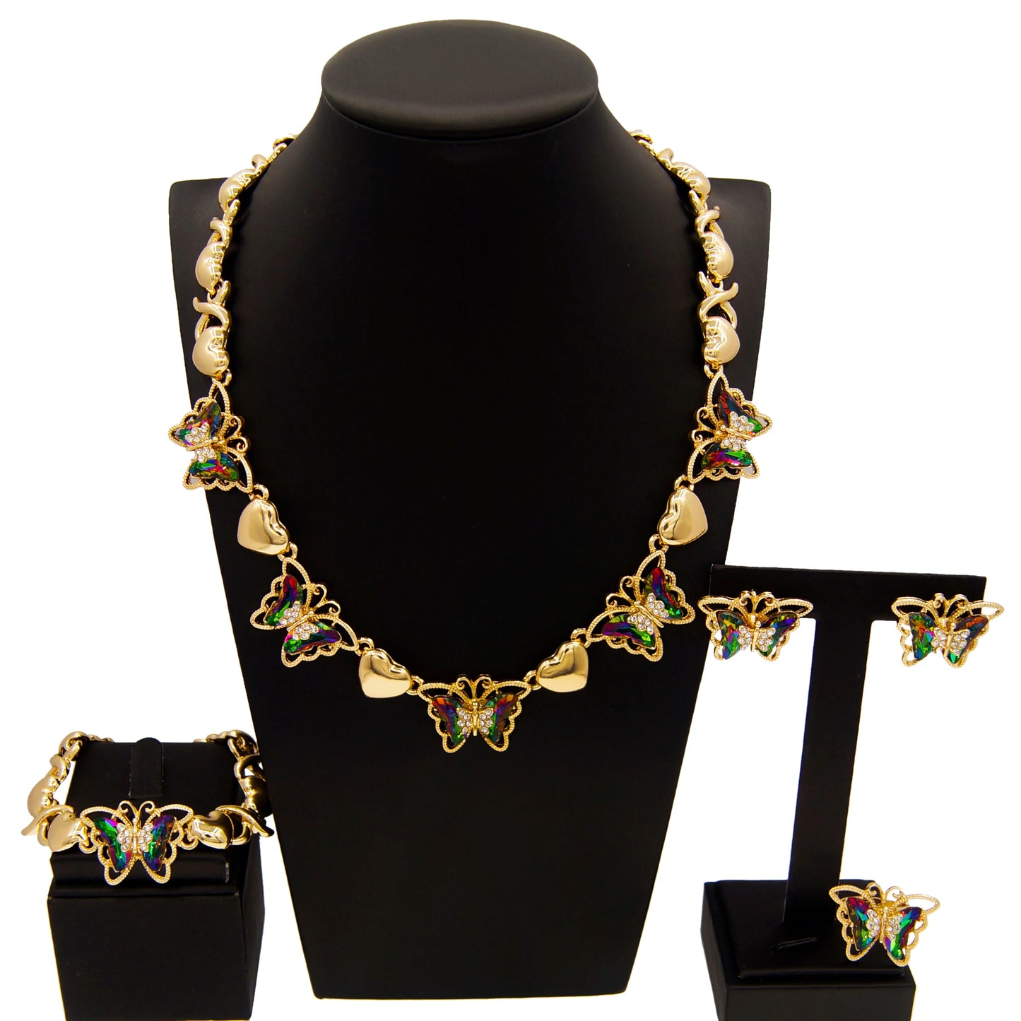 Zhuerrui Hot Sale Butterfly Xoxo Necklace Set Rhinestones Exquisite 4Piece Set Gold Filled Women Bridal Jewelry Set X0194