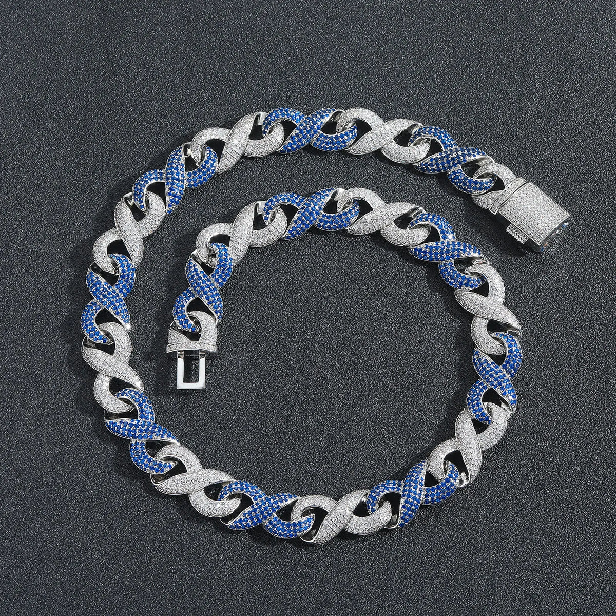 Men's Fashion Hip Hop 15mm Two-Color Infinite 8 Character Cuban Chain Necklace with Iced Zircon Jewelry Bracelet Necklace Set