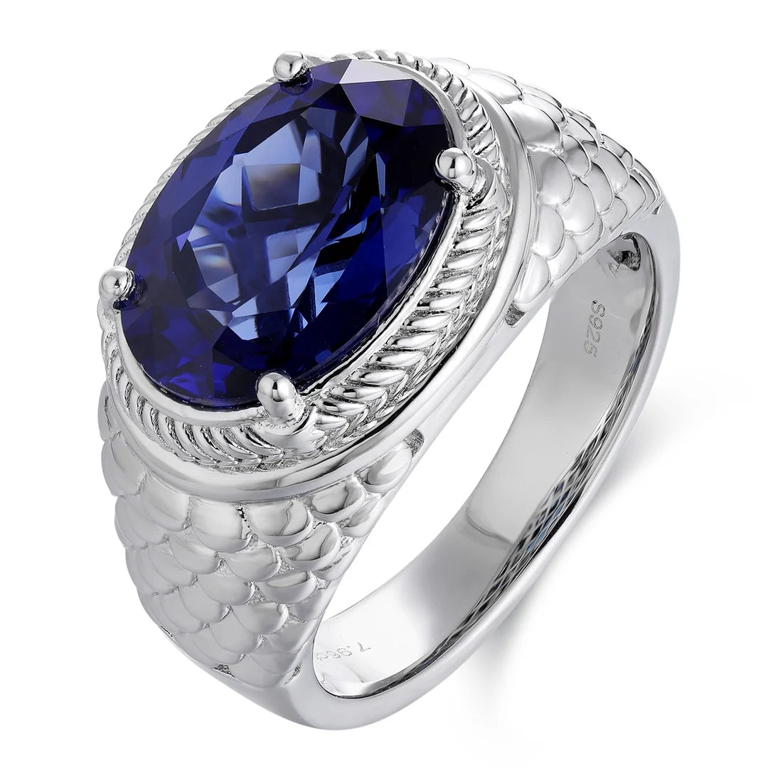Gemfiori Custom Fine Men's Lab Grown Blue Sapphire 18K 14K Sterling Silver Classic Rhodium Plated Prong Setting Wedding Engagement Ring