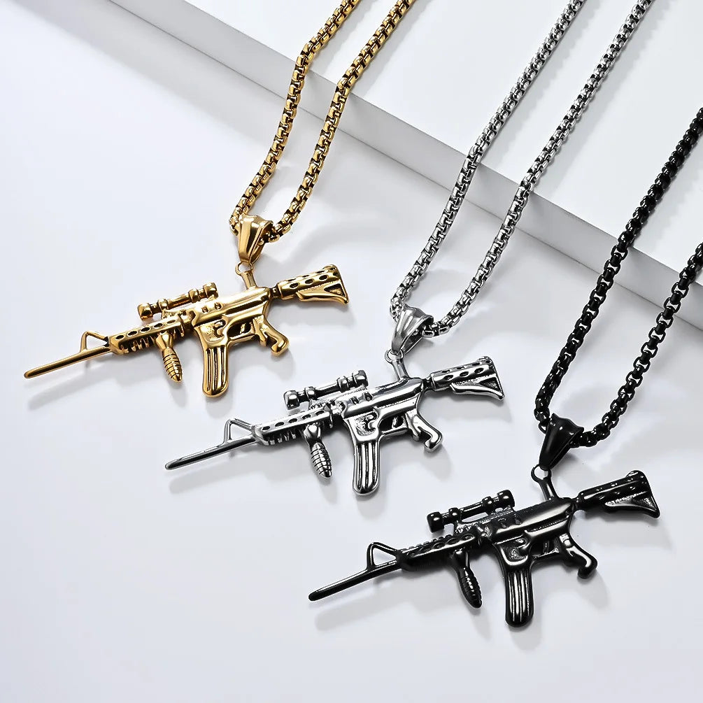 OAHLAN Wholesale 18K Gold Plated M416 Assault Rifle Retro Hip Hop Stainless Steel Pendant Necklace Fashion Jewelry for Men Gifts