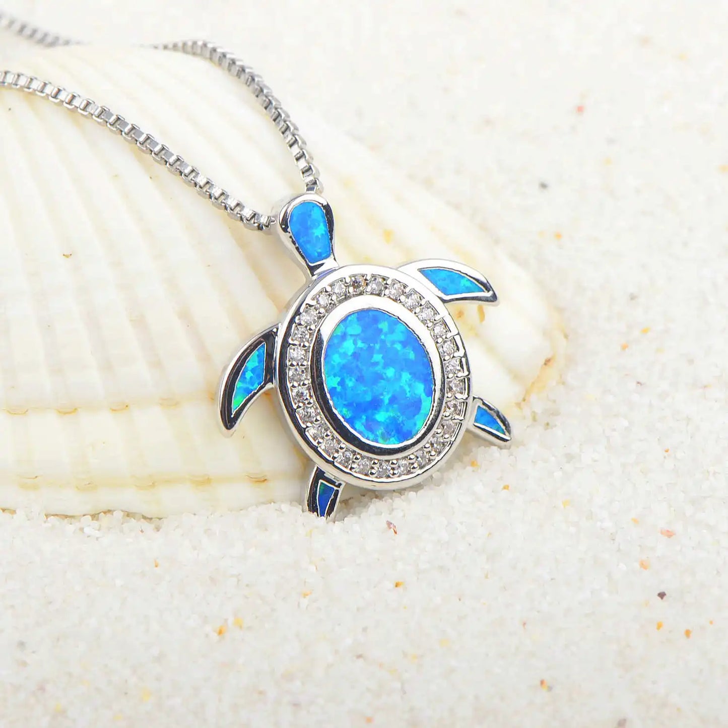 Aobao New Ocean Series Blue Opal Turtle Necklace, Turtle Pendant Sweater Chain, Opal Necklace