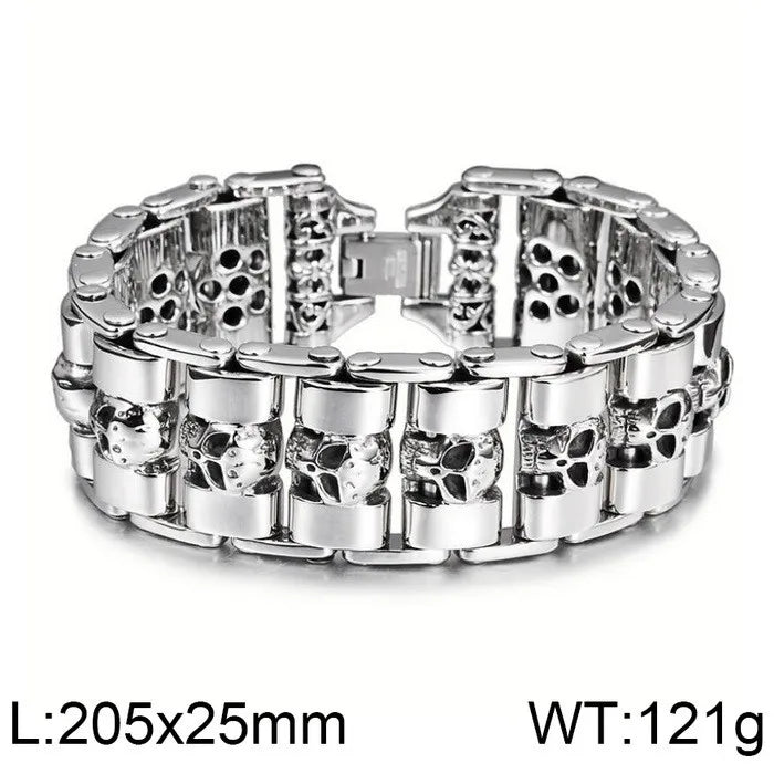 REBEL Mens Punk Fine Jewelry Fashion Bracelets Stainless Steel Trendy Skull Links Bracelet