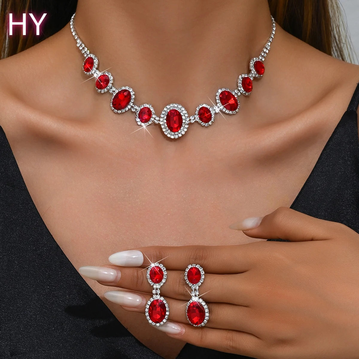 HY New Bright Fully-Jeweled Crystal Rhinestone Necklace Eardrops Set Bride Wedding Jewelry Simple Graceful All-Match Suit