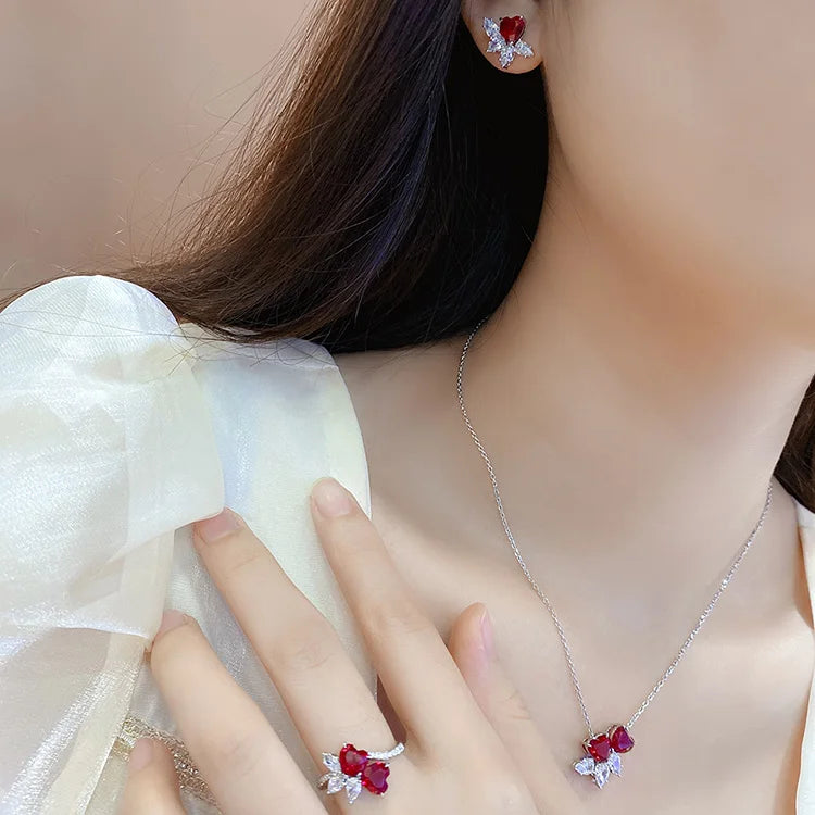 Gemfiori Vintage Heart Statement Earrings Studs Lab Grown Ruby Sterling Silver 925 Set for Women Christmas Gift
