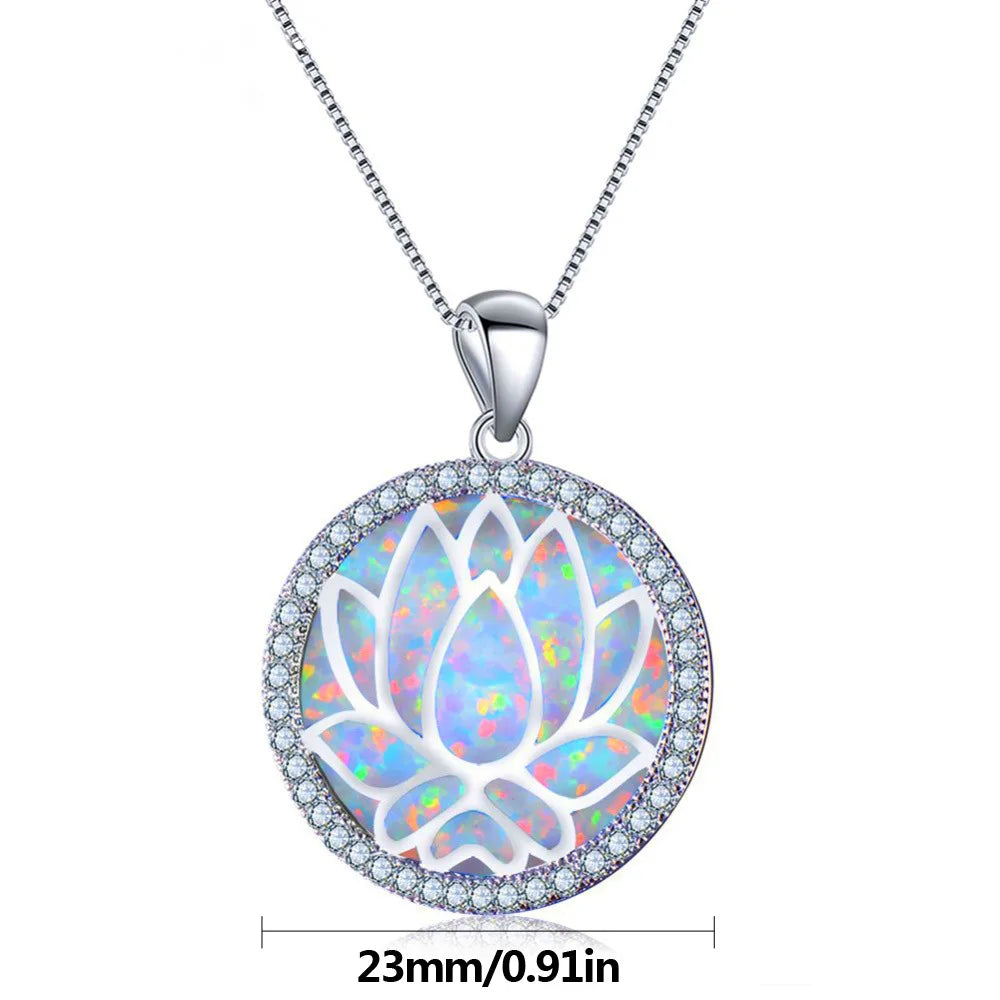 European American Fashion Opal Lotus Pendant Necklace Summer Floral Jewelry Statement Chain