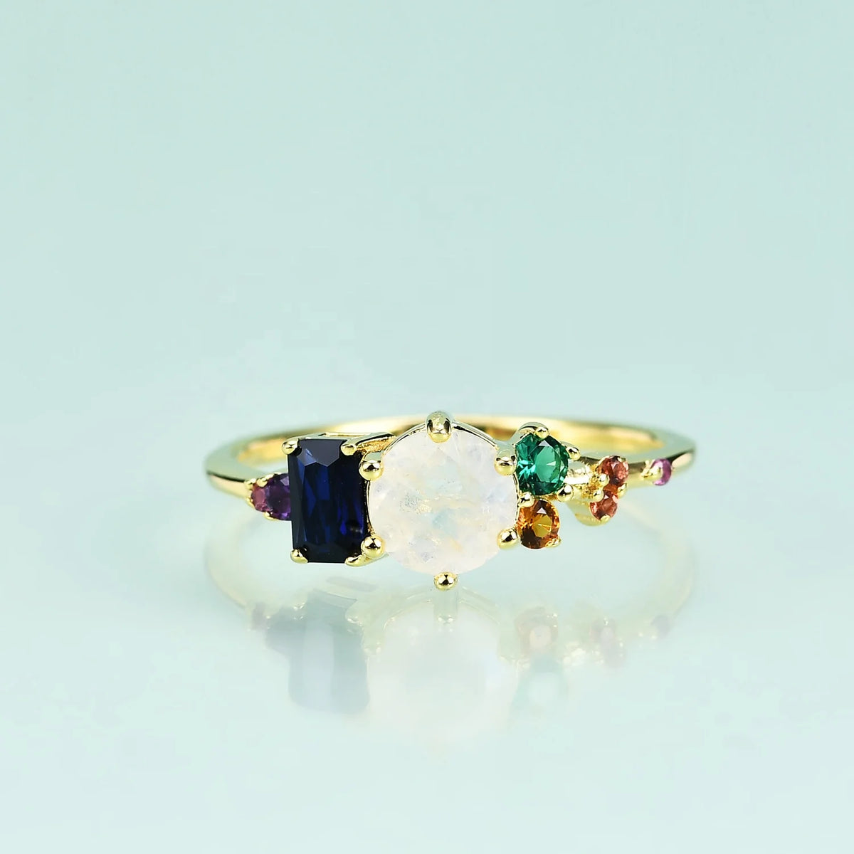 ArtistA OL1004 Abiding Unique Design Fancy Cut Multi-Shaped Colored Gemstones Natural Moonstone 925 Sterling Silver Cluster Ring