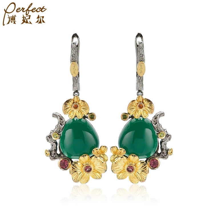 Best Selling Fashion Dangle Green Agate Round Vintage Fine Jewelry 925 Sterling Silver Earrings