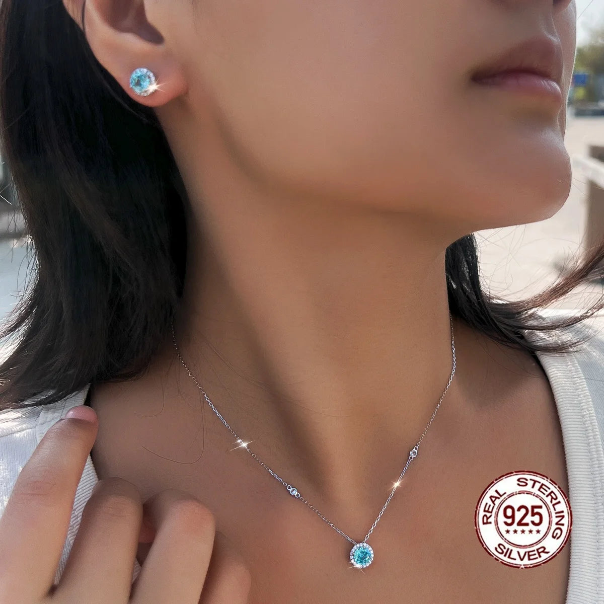 Exquisite Rose Flower CZ Light Blue 925 Sterling Silver Necklace and Earring Round Pendant Jewelry Set for Women Party Gift