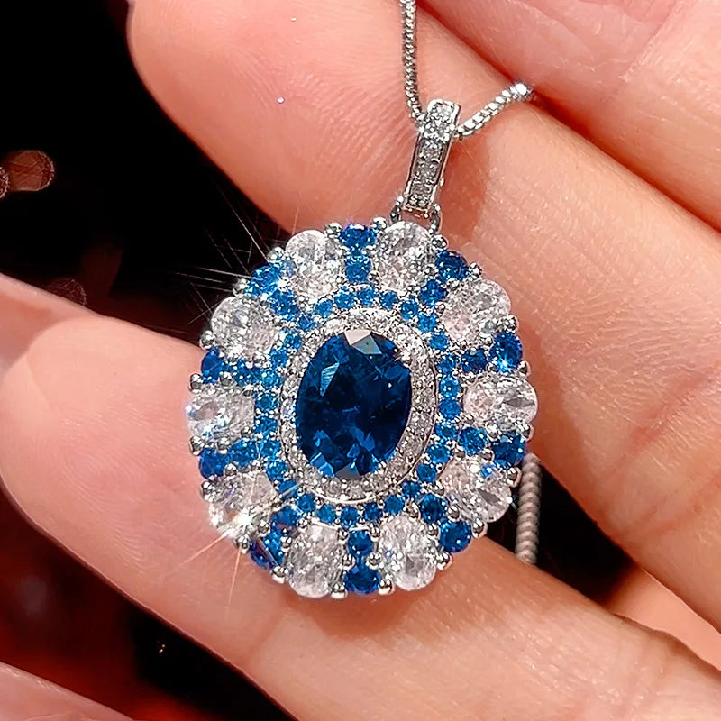 REDheart Women's Fashion Pearl Plated Rhodium/18K Gold Activity Ring Simulation Red Corundum Blue Spinel Egg Texture Pendant Set