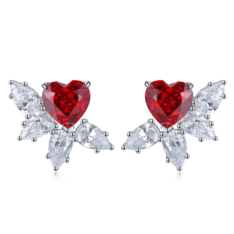 Gemfiori Vintage Heart Statement Earrings Studs Lab Grown Ruby Sterling Silver 925 Set for Women Christmas Gift