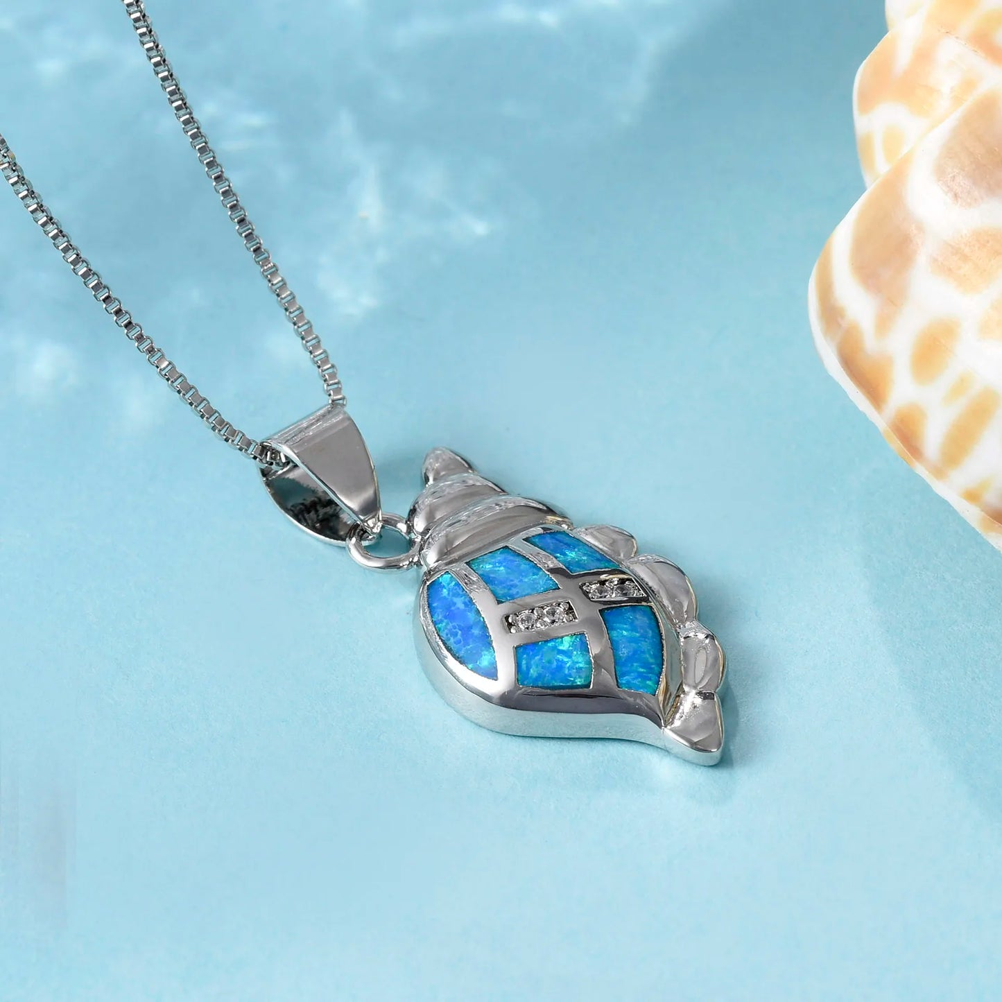 Aobao Opal Conch Pendant Necklace Silver Plated Copper Alloy Box Chain Women's Fashion Jewelry Gift