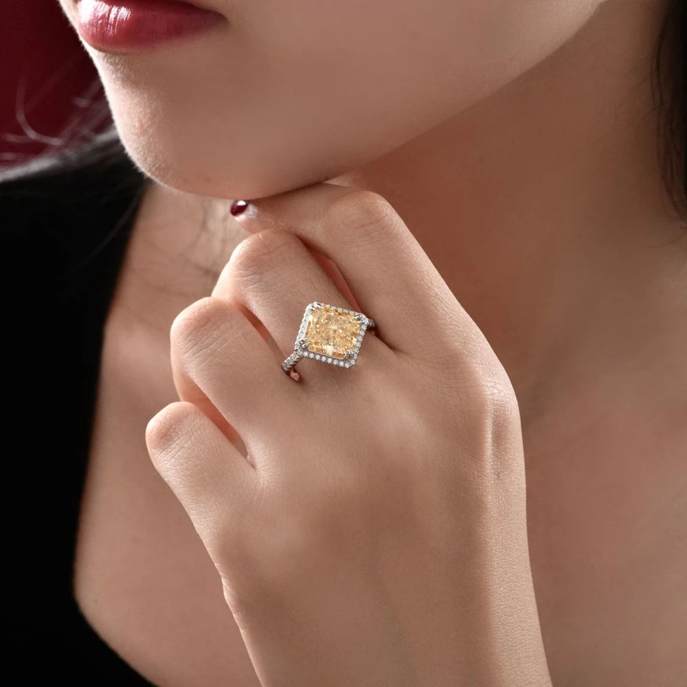 MuShan Jewelry Factory 8Carat Diamond Yellow 9*10 Ice Flower Cut European and American High Carbon Diamond Ring S925 Silver Ring
