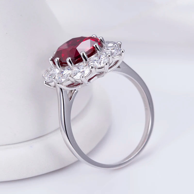 Messi Jewelry MSR-955 S925 Lab Ruby Cushion Cut Ring Flower Design Engagement Ring Wedding Band Classic Gift