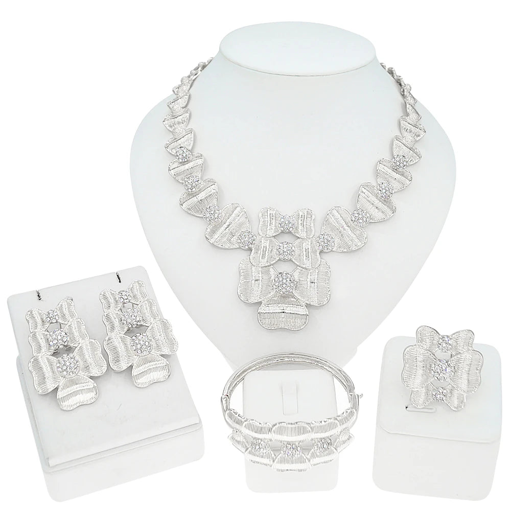 Zhuerrui Handmade Gold Plated Jewelry Set Retro Flower Design Necklace Earring Bracelet Set for Bridal Wedding Party I008520-2