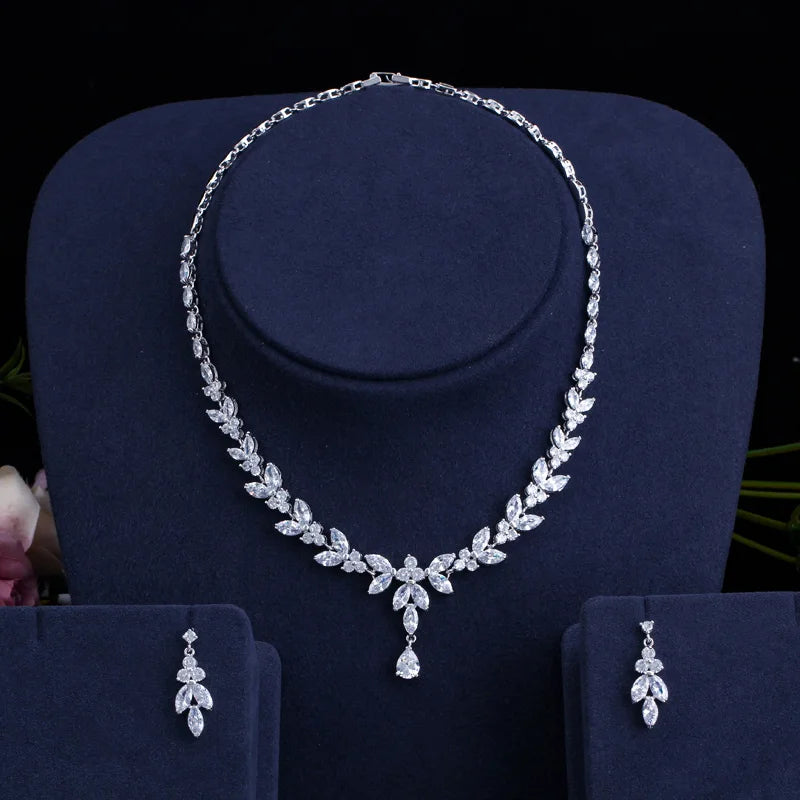 S&S CZ Leaf Bridal Jewellery Set – Dangling Earrings & Necklace – Collection
