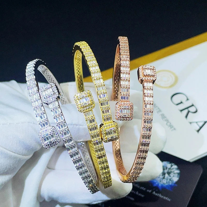 Hop Style Men's Women's 925 Sterling Silver Iced VVS Baguette Moissanite T Square Cuban Link Bracelet Bangle Set