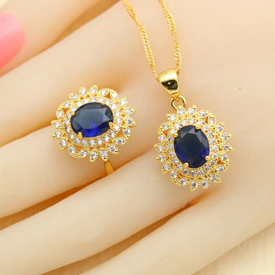XOTICA Luxury Blue Crystal Gold Plated Wedding Jewelry Set for Women Including Earrings Pendant Ring Zircon for Parties Engagements