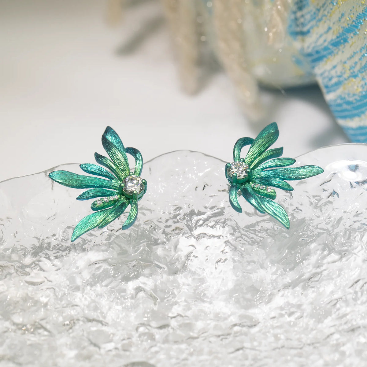 S&S Titanium Zircon Flower Stud Earring | Gradient Blue | Fine Jewellery