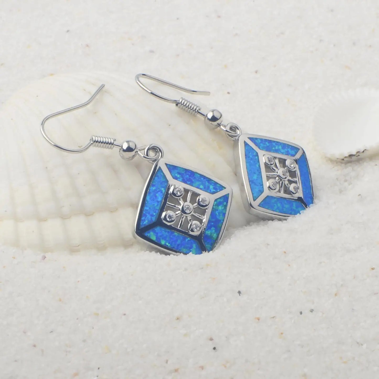 TikTok Ins Western Style Christian Geometric Blue Rhombus Opal Pendant Earrings Silver Plated Bohemian Women's Jewelry