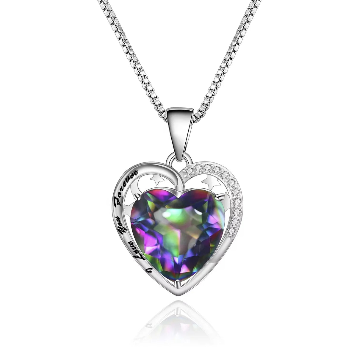 ArtistA Abiding Personality Engraved Romantic 925 Sterling Silver Heart Cut Rainbow Bluish Lolite Mystic Quartz Pendant Necklaces