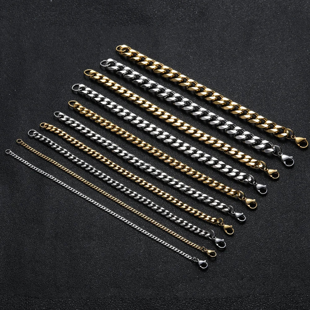Fashion Hip Hop Jewelry Gold Silver Color 3/5/7/9/11mm Lobster Clasp Stainless Steel Cuban Link Bracelet for Women and Men