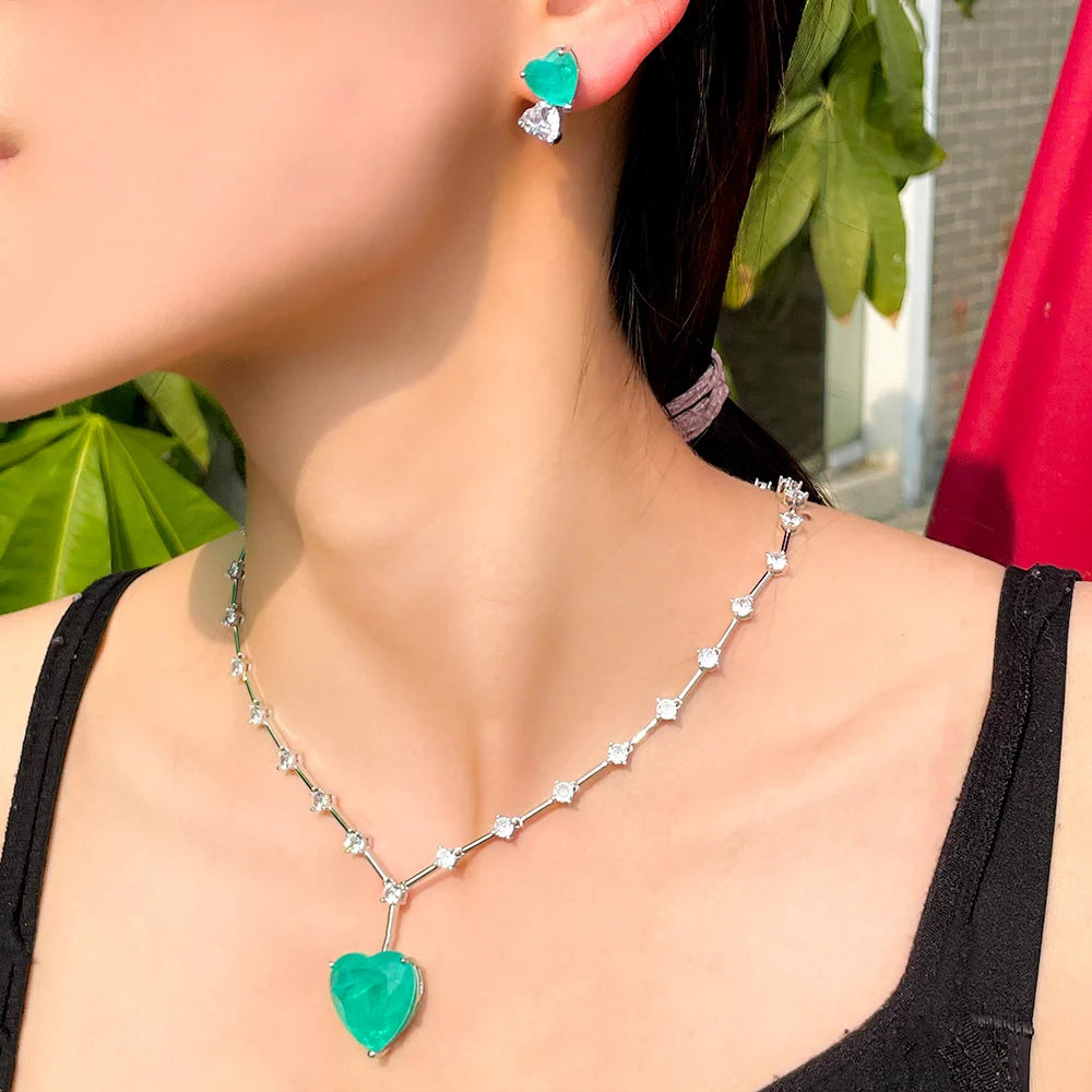 Beautiful Romantic Titanic Large Blue Ocean Love Heart Pendant Necklace and Earrings Bridal Green CZ Jewelry Set for Women Gift