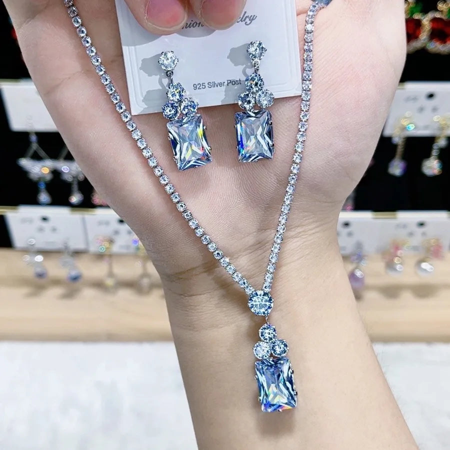 K054 Top Quality Luxury Simple Geometric Zircon Necklace Earrings Set Women Elegant Jewelry Set