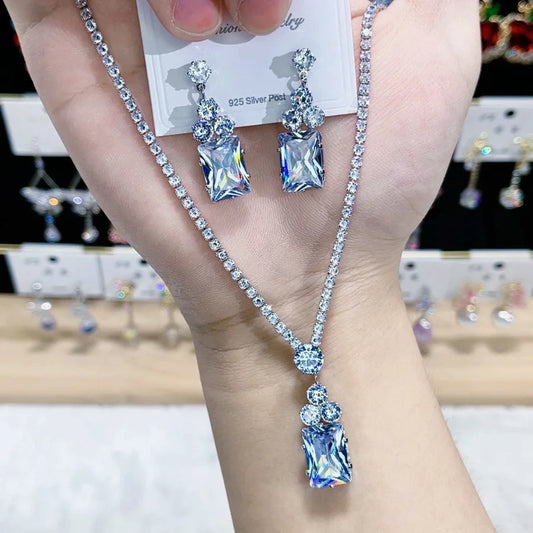 K054 Top Quality Luxury Simple Geometric Zircon Necklace Earrings Set Women Elegant Jewelry Set