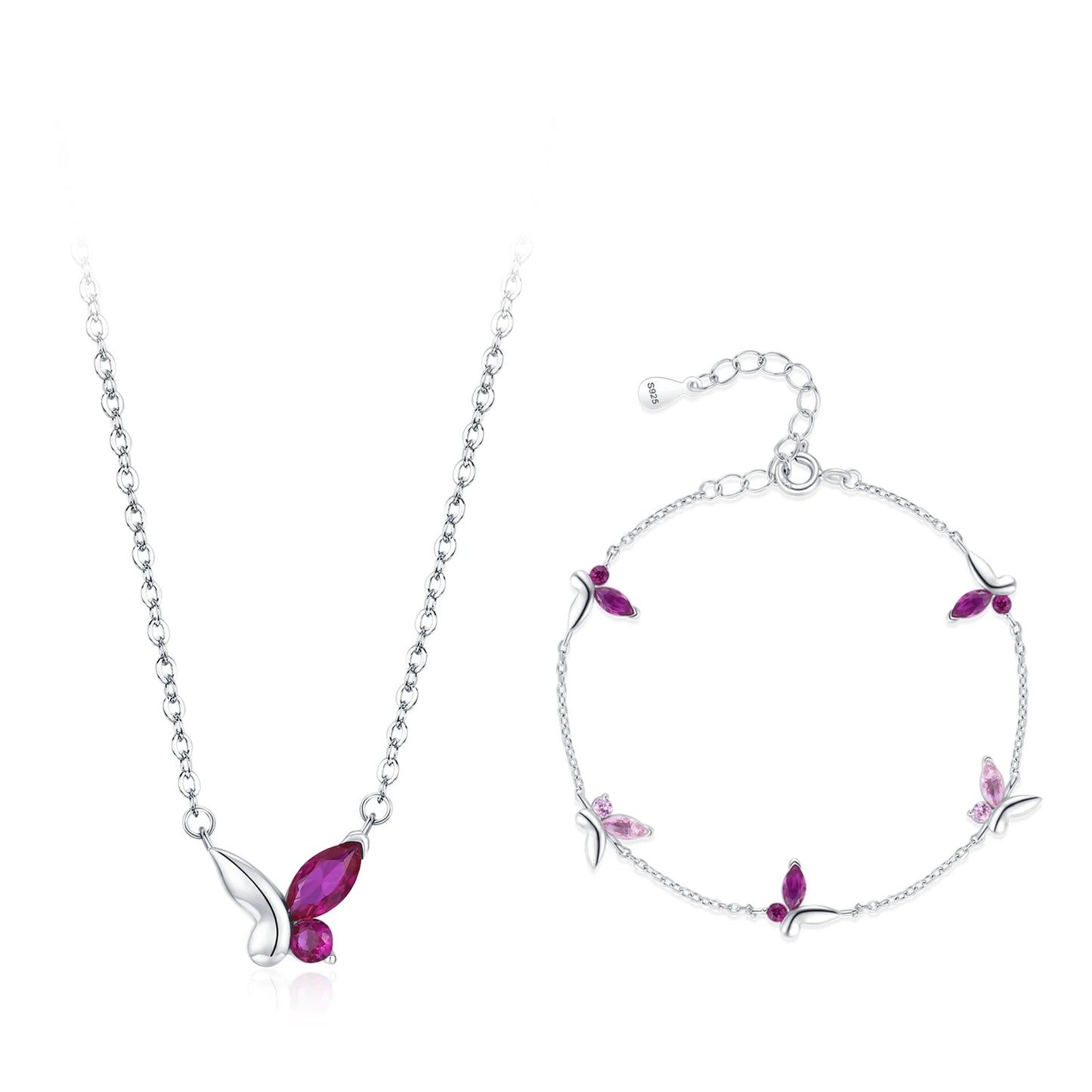 Ailmay Pink Butterfly Bracelet Necklace 925 Sterling Silver Jewelry Set for Women Romantic Wedding Jewelry