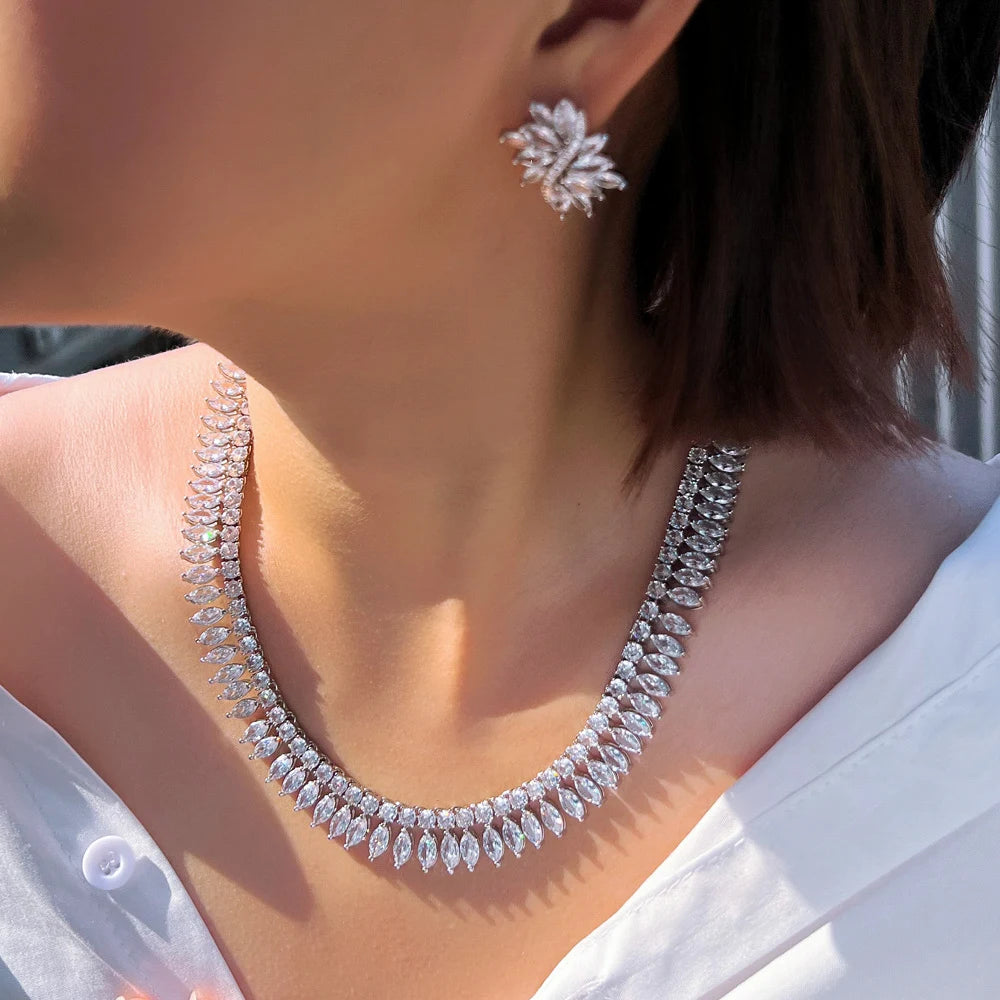 Sparking White Marquise Cut Cubic Zircon Choker Necklace and Earrings Wedding Bridal Super Luxury Jewelry Set for Women