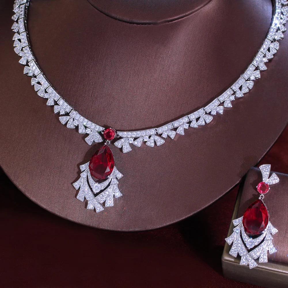 Gorgeous Cubic Zirconia Red Necklace and  Earrings Bridal Banquet Jewelry Set for Women Party Engagement Luxury Jewelry