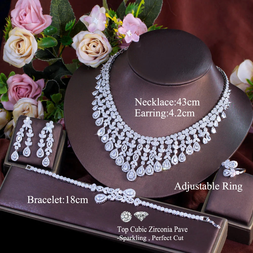 Silver Plated Cubic Zirconia Nigerian Wedding Bridal Long Leaf Tassel Jewelry Set Ring Necklace Earrings Bracelet for Brides