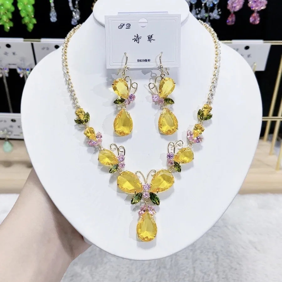 K071 High Quality Women Trendy Luxury Butterfly Yellow Zircon Bridal Necklace Earrings Set Wedding Elegant Jewelry Set