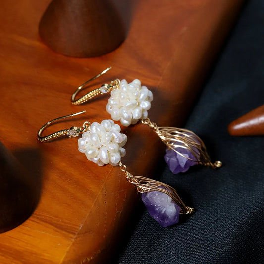 Natural Freshwater Pearl Flower Ball Amethyst Earrings Korean Style Women Luxury Jewelry Fashion Ladies and Girls Gift GE1578